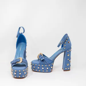 NW Azalea Wang Evgenia Denim Platform Studded Embellished Sandals Heels Blue 6 thumbnail 1