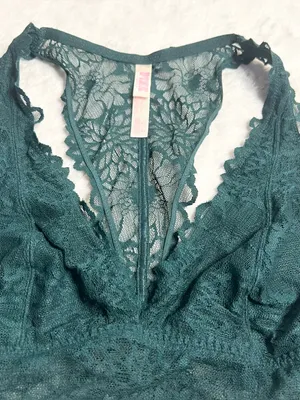 VS PINK Dark Green Lace Racerback Bralette Wireless Comfort Bra Size Large thumbnail 3