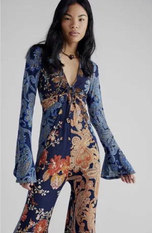 Free People Constance Boho Paisley Jumpsuit Size XL Boho Retro thumbnail 1