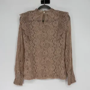 Women's Taupe Floral Lace Ruffle Mock Neck‎ Long Sleeve Blouse Top thumbnail 2
