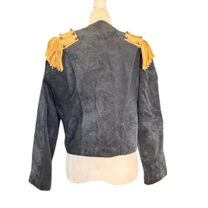 Vintage Black Suede Tan Fringe Military Jacket‎ Small Western Rocker Leather thumbnail 5