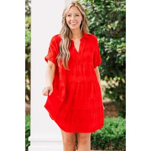 Umgee Womens 100% Cotton Dress Large Red Polka Dot Tiered Short Sleeve Boho‎ thumbnail 3