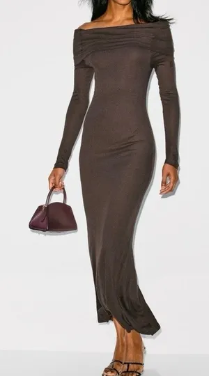 Off-Shoulder Long Sleeve Brown Maxi Dress Large thumbnail 1
