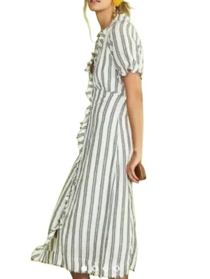 Anthropologie Linen Blend Striped Midi Dress Size 2 Cottagecore Prairie Blk Whit thumbnail 11