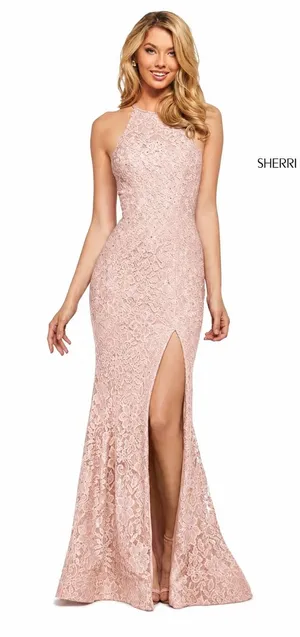 Sherri Hill 53361 Blush Lace Halter Gown High Slit Rhinestone‎ Dress NWT Size 8 thumbnail 1