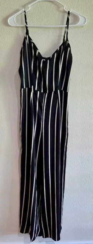 Forever 21 Striped Spaghetti Strap Wide Leg Jumpsuit Black White Small W-261 thumbnail 1