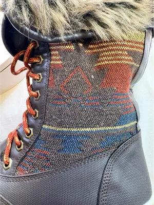 Celebrity Pink Mid-Calf Snow Boots Brown Aztec Faux Fur Lace-Up 7M Women thumbnail 8
