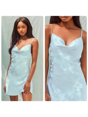 Lulus Close to Your Heart Dusty Blue Satin Jacquard Cowi Slip Dress Size L thumbnail 2