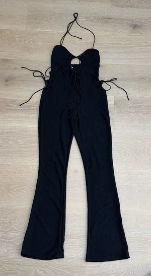 White Fox Lace Jumpsuit Halter & Side Ties Size L Black thumbnail 1