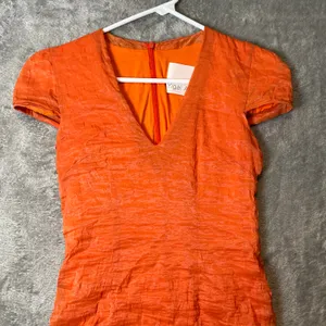 Yigal Azrouel Orange V-Neck‎ Crinkle Bodycon Dress Size 2 thumbnail 2