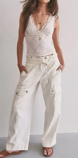 NWOT Free People We The Free Park Ave Pants - ivory - Large thumbnail 1