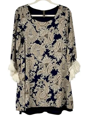 Entro Women’s Paisley Crewneck Long Sleeve Fringe Dress Small thumbnail 1