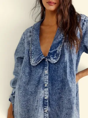 Free People Ruffle Collar Denim Swing Blouse - Lightest Indigo Blue SZ Amall thumbnail 3