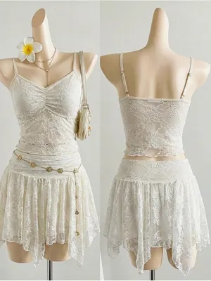 Bohemian ivory Lace Cami Crop Top in Cream Lightweight Women's Tank set thumbnail 3