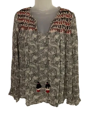 Sundance Paisley Peasant Blouse Smocked Detail & Tassels Womens L boho casual thumbnail 1