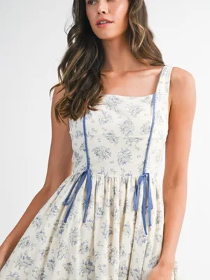 Floral Print Square Neck Contrast Pipinig Dress thumbnail 6