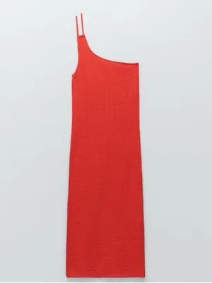 ZARA Asymmetric One Shoulder Midi Cable‎ Knit Red Dress thumbnail 2
