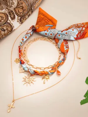 ☀️BOGOHO☀️Layered Sun & Cross Necklace Set with Orange & Blue Scarf Accent thumbnail 6