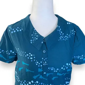 ModCloth Ocean Shark‎ Print Blouse Peter Pan Collar Blue Nautical Top Retro thumbnail 2