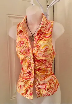 Kontrol Orange yellow psychedelic swirl halter sleeveless ruched button up down top shirt blouse stretchy thumbnail 2