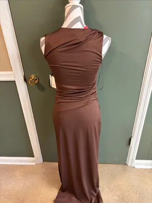 gaze Chocolate Brown Square-Neck Maxi Dress with Side Ruching thumbnail 3