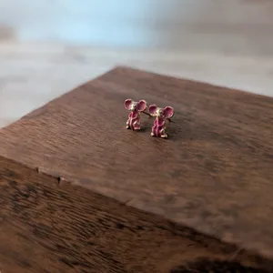 Vintage Stud Earrings Pink & Gold Tone Mouse - Very Small & Dainty thumbnail 5