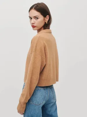 Reformation Cashmere V Neck Polo Sweater in Camel Size Small thumbnail 3