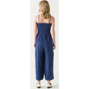 Dex Smocked Jumpsuit Size Medium Navy Linen Blend Adjustable Straps NEW Blue thumbnail 2