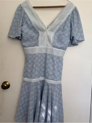 Gianni Bini Light Blue Lace Mini Dress with White Trim, eyelet lace flare dress thumbnail 6