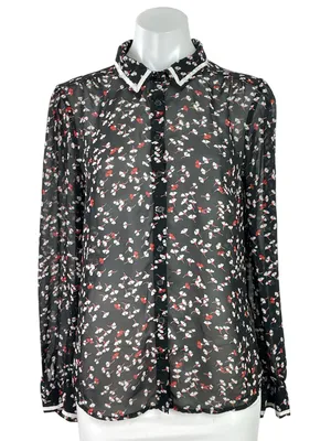Modcloth Women's Black Floral Long Sleeve Sheer Button Down Shirt Top Size M thumbnail 1