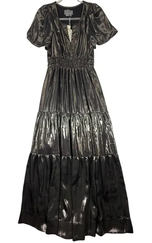 Anthropologie Metallic Carbon Tiered Maxi Dress Smocked Waist Short Sleeve S NEW thumbnail 1