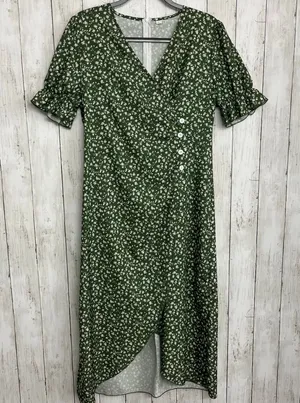 Unbranded Green White Dainty Floral Short Sleeve Button Faux Wrap Midi Dress thumbnail 1