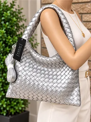 Metallic Silver Woven Hobo Handbag thumbnail 1