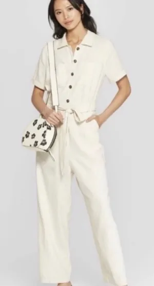 Who What Wear Cream Short-Sleeve Utility Jumpsuit thumbnail 1