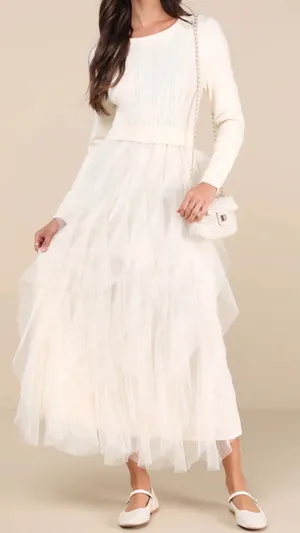 NWOT Lulus Size Small Ultimate Beauty Ivory Cable Knit Ruffled Tulle Maxi Dress thumbnail 1