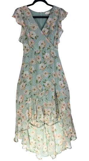 Altar’d State Green Floral Midi Dress Ruffle Sleeve V Neck No Belt thumbnail 1