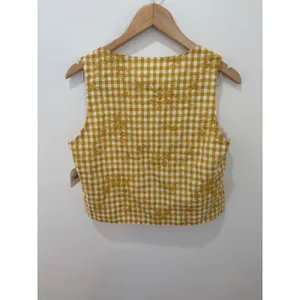 Altar'd‎ State Gingham Floral Embroidered Tie Front Vest Top Yellow White thumbnail 4