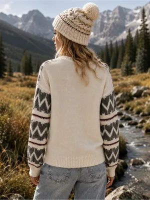 LA MEIL Knit Sweater Women’s Size Small Fair Isle Boho Pullover Cream Gray New thumbnail 2