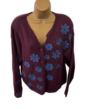 VTG Y2K Christopher & Banks Floral Applique Cardigan Sweater Plum M thumbnail 1