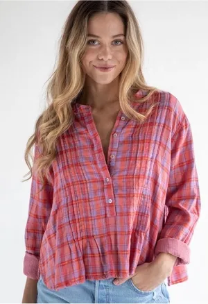 Natural Life Pink Purple Plaid Pintuck Blouse Gold Metallic Cotton Top Medium thumbnail 1