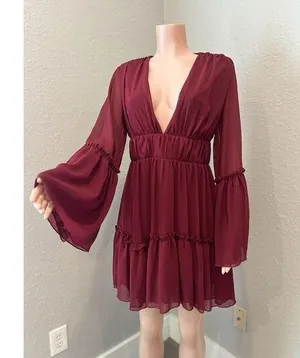 MISS ORD CUTE Ruffle Pintuck Dres Sz L WINE Maroon Romantic Cottagecore NWT #125 thumbnail 1