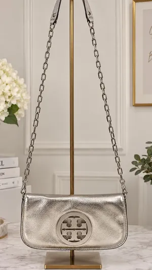 Tory Burch Reva Metallic Silver Leather Clutch Crossbody Bag thumbnail 1