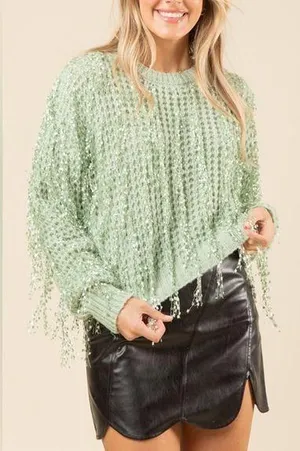 Fringe Detail Sweater in Sage thumbnail 1