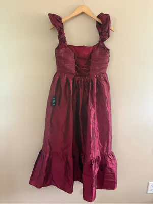 Lulus Poised Passion Wine Red Taffeta Pleated Ruffled Midi Dress Size Large NWT thumbnail 5