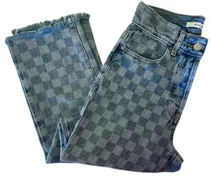 High Rise Straight Leg Raw Hem Checkered Blue Jeans 24 thumbnail 8
