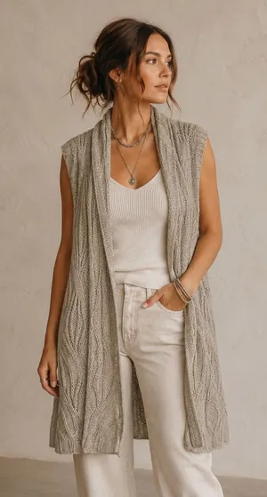 CAbi Artsy Boho Cable Knit‎ Longline Vest Oatmeal Wool Blend Size S thumbnail 1