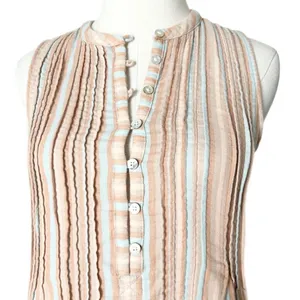 Faherty Isha Organic Cotton Striped Pintuck Sleeveless Shift Dress Peach Blue XS thumbnail 3