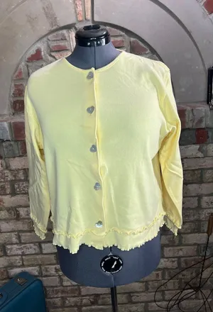 Christopher & Banks cardigan sweater ruffle hem heart button yellow thumbnail 1
