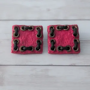 Vintage Clip On Earrings Large Statement Pink Square with Dark Brown Cord thumbnail 2