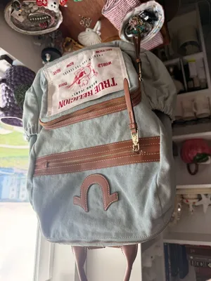 Denim Backpack True Religion Buddha Multi Pocket Light Blue Y2K Streetwear thumbnail 2